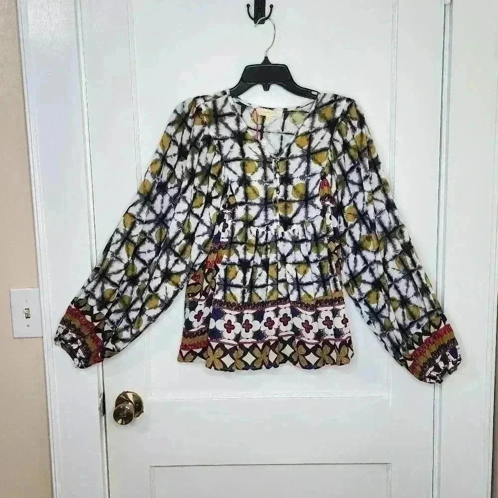 Solitaire Eyecat Border Printed Boho Blouse Size Medium NWT Tie-Dye Batik